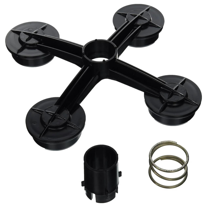 Black plastic cross-shaped dolly with four wheels, featuring a central connector and a metal spring, engineered for seamless transport of Pentair Pool products. Ideal for effortlessly moving items such as the Pentair 170027 Manifold Top with Short Adapter for Clean & Clear Plus.