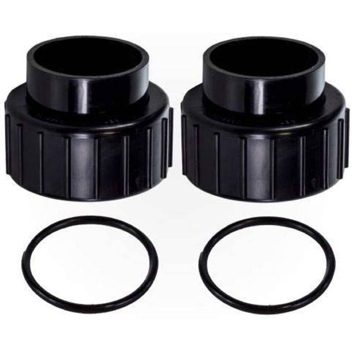 Two black plastic pipe fittings with threaded ends, accompanied by two circular rubber O-rings, placed on a white background; ideal components for the Pentair 474974 Union Kit for maintaining your MasterTemp or Max-E-Therm pool heaters from Pentair Pool.