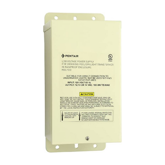 A white Pentair Pool low voltage power supply unit for swimming pool/spa light transformer, model 619962, with caution labels. Ideal for IntelliBrite landscape lights.