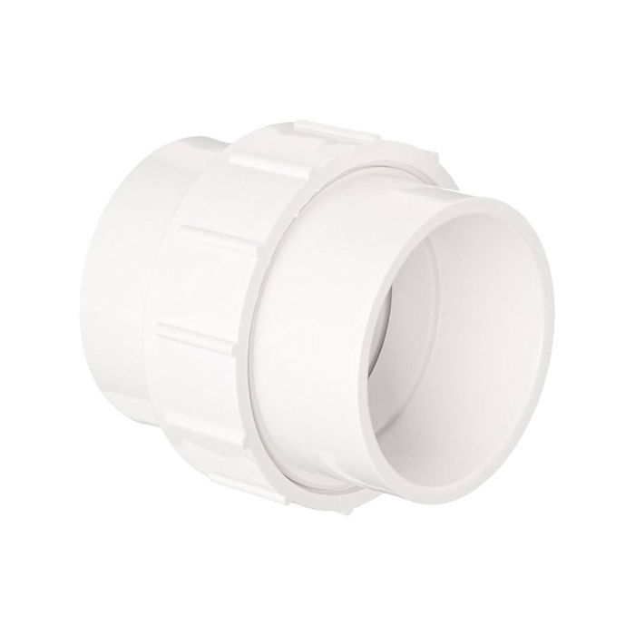 AquaCal PLS2627 2" Plumbing Union Assembly, a white PVC pipe fitting featuring a threaded coupling and smooth, cylindrical ends, ideal for use in setups such as Aquacal pool heaters.