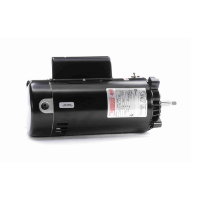 A Century 1.5HP Pump Motor with a stainless steel shaft and label is displayed against a white background, showcasing its two-speed functionality for versatile use. This energy-efficient design from Century ensures optimal performance while maintaining a sleek appearance.