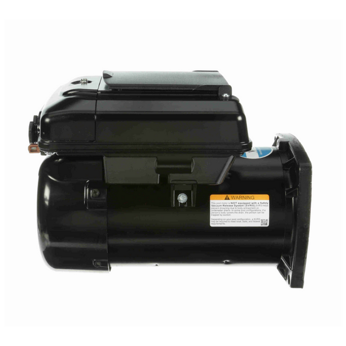 The Century 1.65HP Variable Speed Pump Motor, model ECM16SQU by Century, is showcased from the side against a white background. It features a visible label and warning sign, offers energy savings and operates quietly.