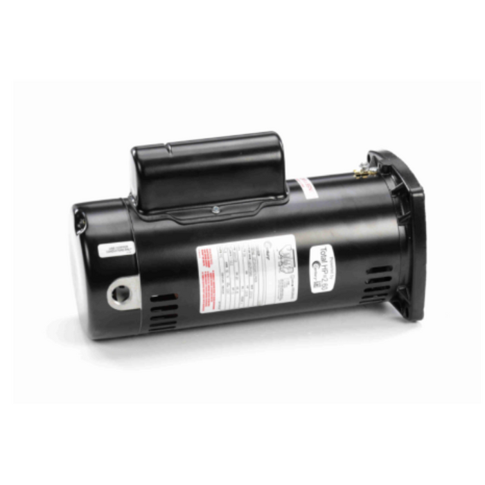 A sleek black Century 2.0HP Pump Motor with a two-speed functionality and copper windings glistens on a white background, showcasing an energy-efficient design accentuated by its label.