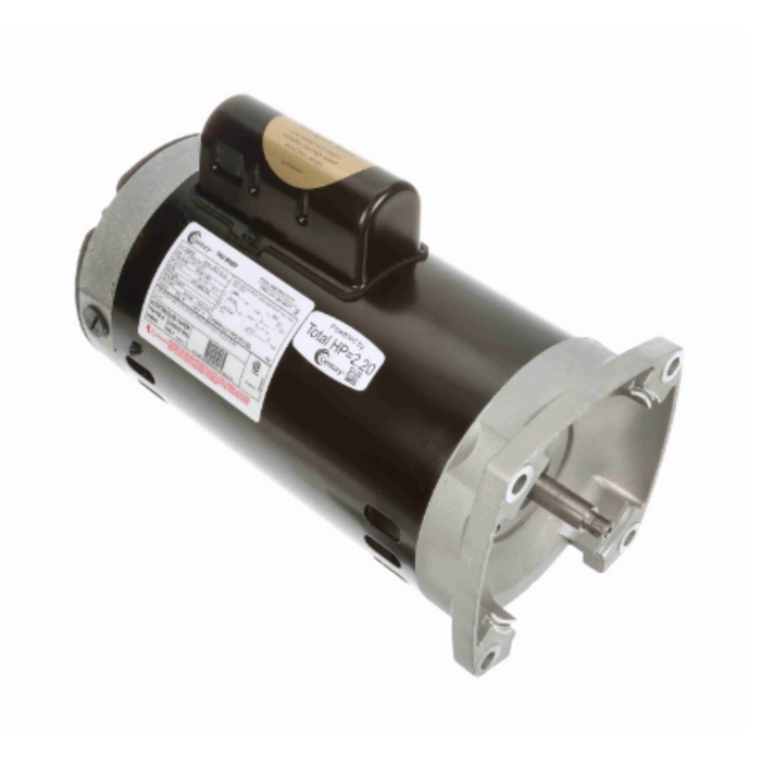 A black Century 2.0HP Pump Motor with a silver mounting plate, featuring a durable stainless steel shaft and the Century label on the side.