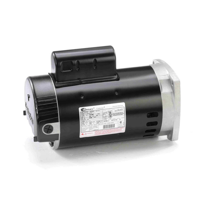 The Century 2.0 HP Pump Motor, a sophisticated black electric motor with a cylindrical design and labeled metal casing, runs at 3450 RPM, standing out against a pristine white background. It’s a product of the renowned Century brand.
