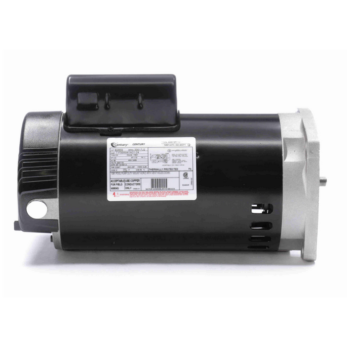 Against the white background, the Century 2.0HP Pump Motor 1 Ph 230/115V 56Y B2859, featuring a sleek black and silver design with a stainless steel shaft, stands out by offering reliable performance with its thermally protected design.