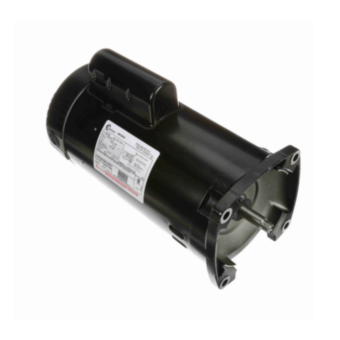 The Century 1.5HP Pump Motor, model B2858, from Century features a black exterior and stainless steel shaft, complete with a label and mounting brackets, ensuring durability.