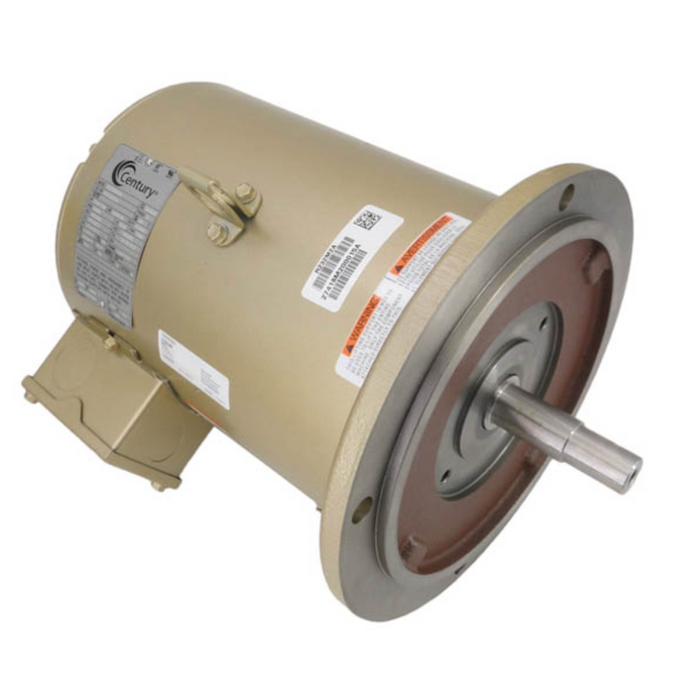 The Century 7.5HP Pump Motor, featuring a tan exterior with a visible label and cylindrical shaft, is ideal for commercial pools. This versatile motor is compatible with the PUREX PENTAIR C SERIES and is presented on a white background.