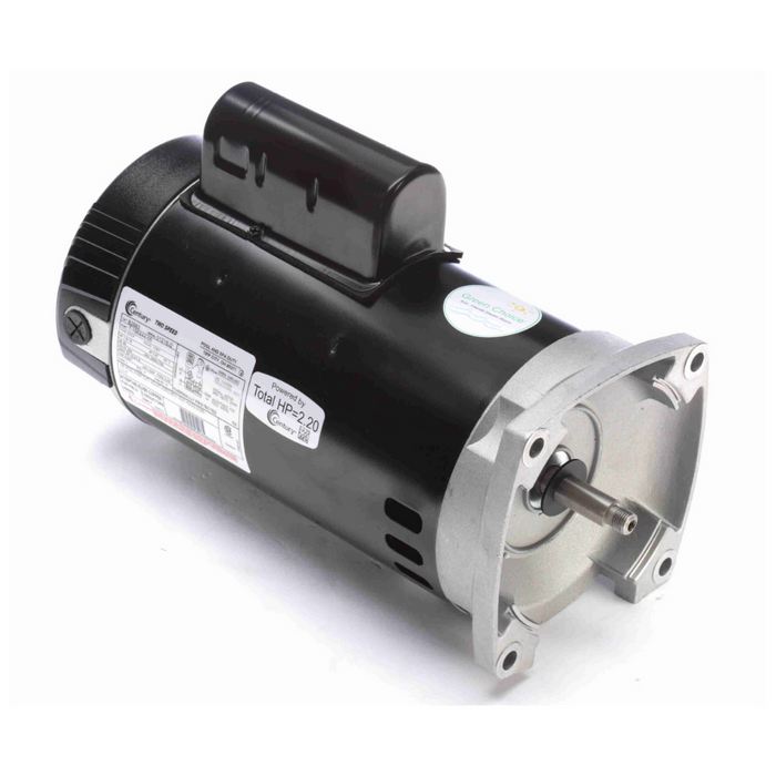 This Century 1.5HP Pump Motor, model B2983, is presented in black and silver with a Permanent Split Capacitor design. It includes label and mounting brackets and is displayed at an angle on a white background to highlight its Open Drip Proof construction.