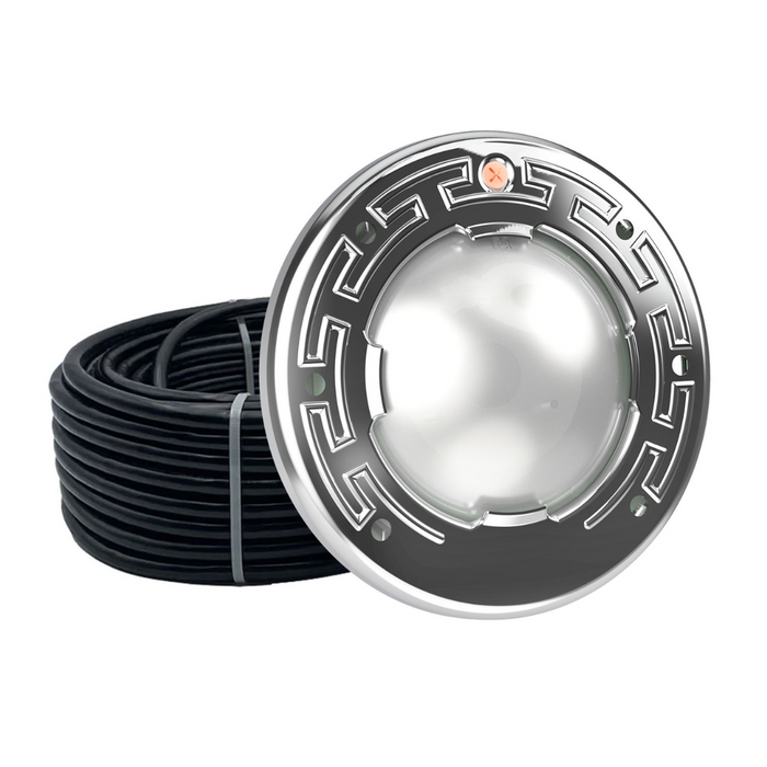 Close-up of the Pentair Pool 100' 120V 28W Multi Color IntelliBrite Architectural Spa Light 602203, showcasing its round, energy-efficient design with a decorative border, alongside a coil of black cable.