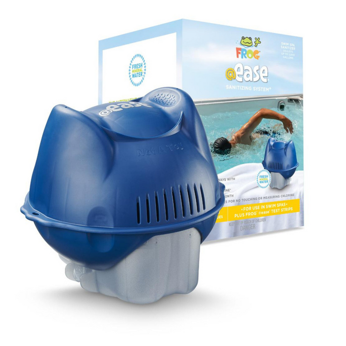 The FROG @ease Swim Spa Sanitizing System by FROG incorporates SmartChlor Technology and features a swimmer on the packaging box, providing a self-regulating sanitization solution.