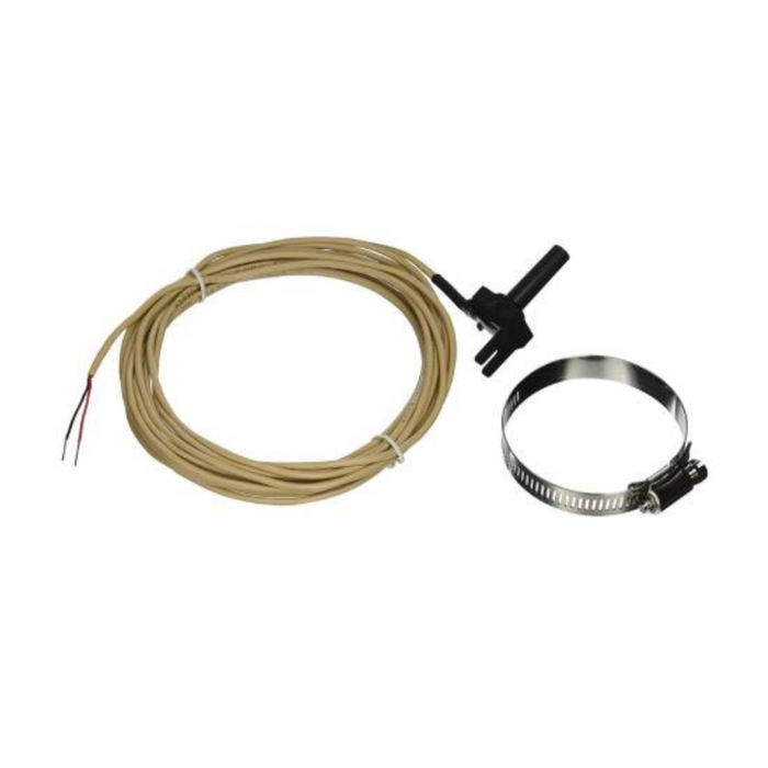 Beige cable with black connector, exposed wires at one end, and adjacent metal clamp with a screw adjustment, compatible with the Hayward GLX-PC-12-KIT Temperature Sensor Kit featuring a 15-foot lead and hose clamp.