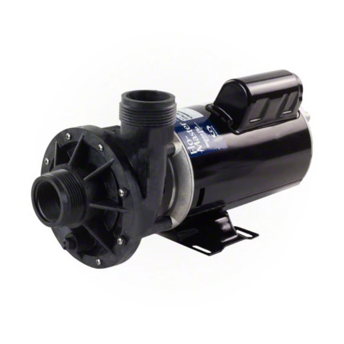 Gecko Alliance's Gecko Aqua Flo Flowmaster FMHP 1.0 HP Spa Pump 2 Speed 48Y 115V Side Discharge (02110000-1010) features a black cylindrical body, mounting bracket, inlet/outlet connections, and a high-performance impeller designed for multi-jetted tubs.