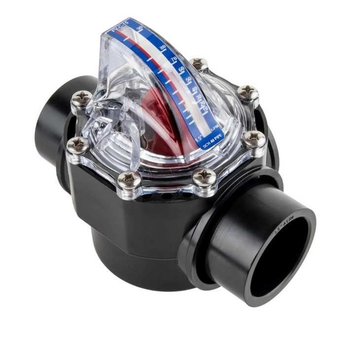 A H2flow FV-15 1.5" FlowVis Flowmeter Check Valve FV15 by H2flow Controls, featuring a black body with a transparent top and measurement gauge, ideal for pool and spa applications.