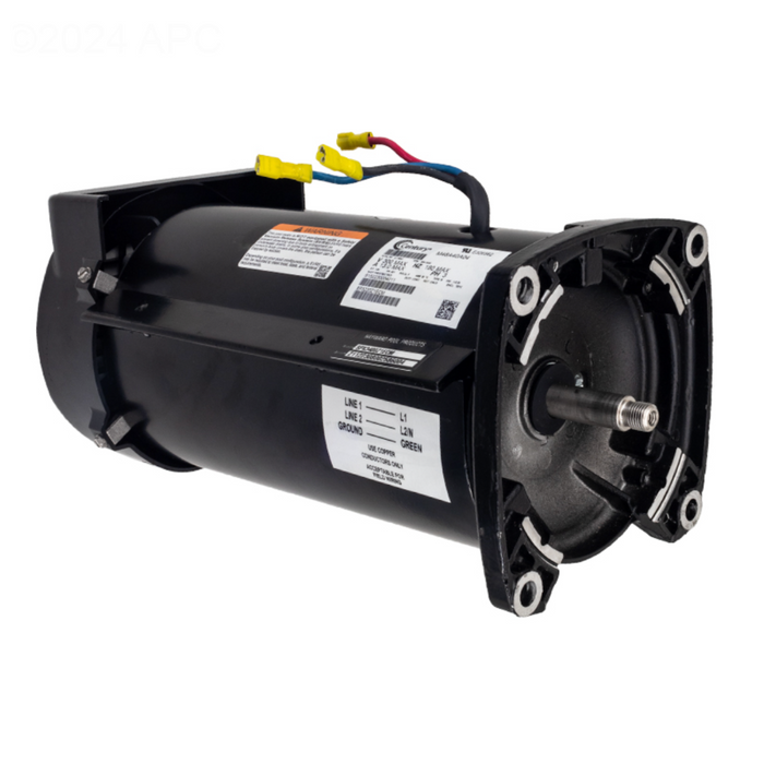 The Hayward SPX3400Z1ECM 2.7HP Motor, featuring a cylindrical black body with yellow and blue wire connectors and a mounted shaft, is ideal as a replacement motor assembly for variable speed pool pumps such as the Hayward EcoStar.