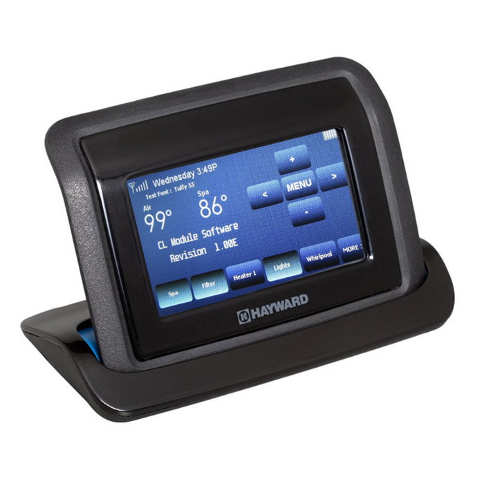 A Hayward pool control panel on a black stand, displaying temperature, time, and software version information, seamlessly integrates with the Hayward AQL2-POD2 AquaPod 2.0 Touchscreen Wireless Remote for enhanced pool and spa automation.