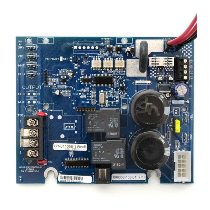 Close-up of the Hayward GLX-PCB-RITE AquaRite Main PCB Printed Circuit Board featuring various components, including relays, resistors, and connectors, crucial for the Hayward AquaRite Salt Chlorinator Control Box.