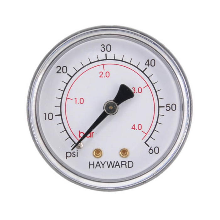 The Hayward ECX2709A1 Pressure Gauge is a round gauge from the Hayward brand, featuring a needle pointing at 0 psi/bar and displaying measurements in black and red.