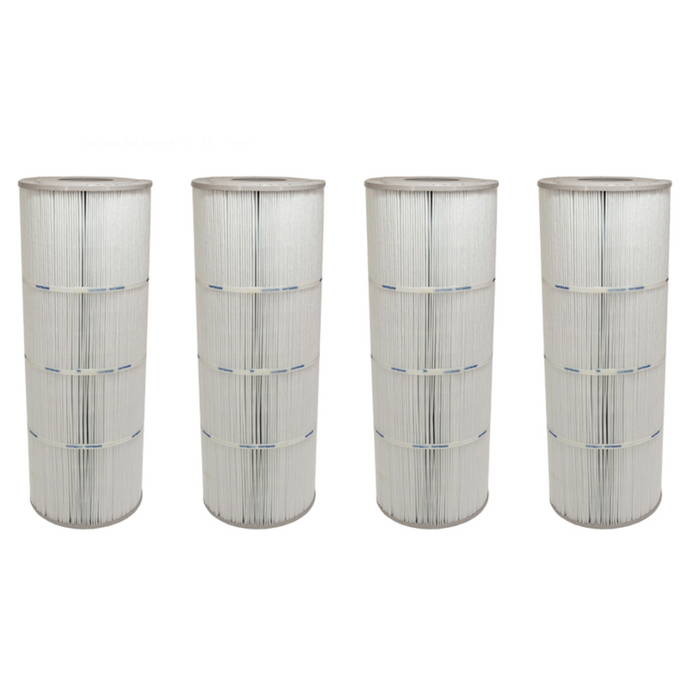 Four identical Hayward CX591XREPAK4 Filter Cartridges with gray tops and bases, each designed for optimal debris removal and hydraulic efficiency, aligned side by side on a white background.