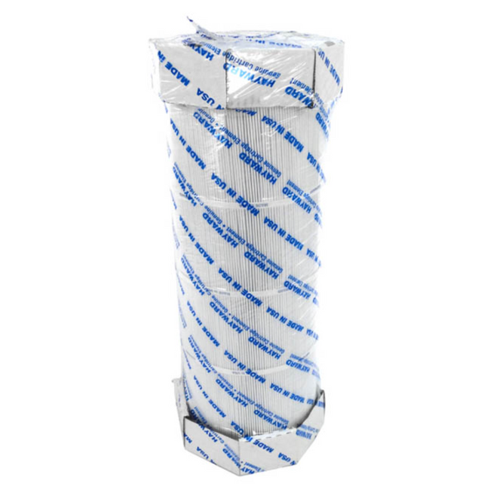 A cylindrical filter wrapped in white and blue packaging labeled "MADE IN USA," described as the Hayward CX590RE Filter Cartridge, 181.25 Sq Ft, SwimClear C7000/C7020.