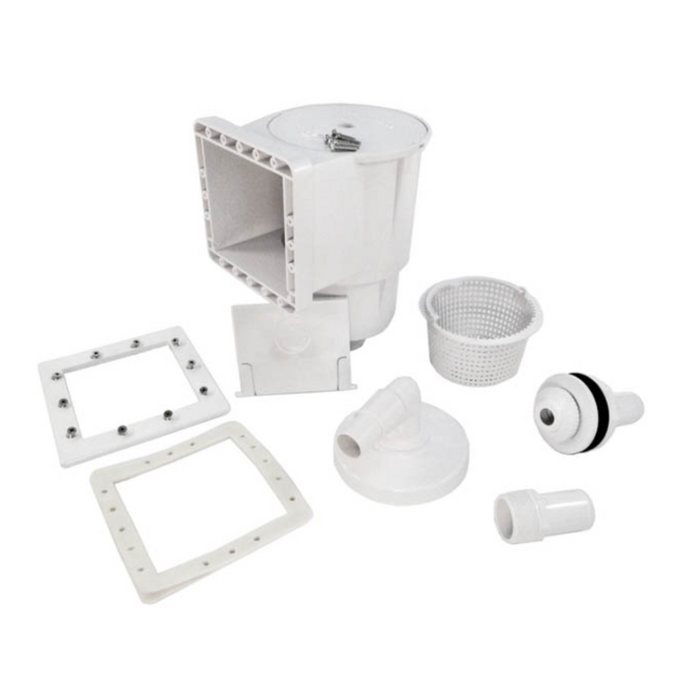 A disassembled **Hayward DynaSkim SP1091LX 1.5" White Skimmer Kit with Fittings** set, featuring various white plastic parts such as a basket, fittings, and mounting brackets, ideal for above-ground pools.