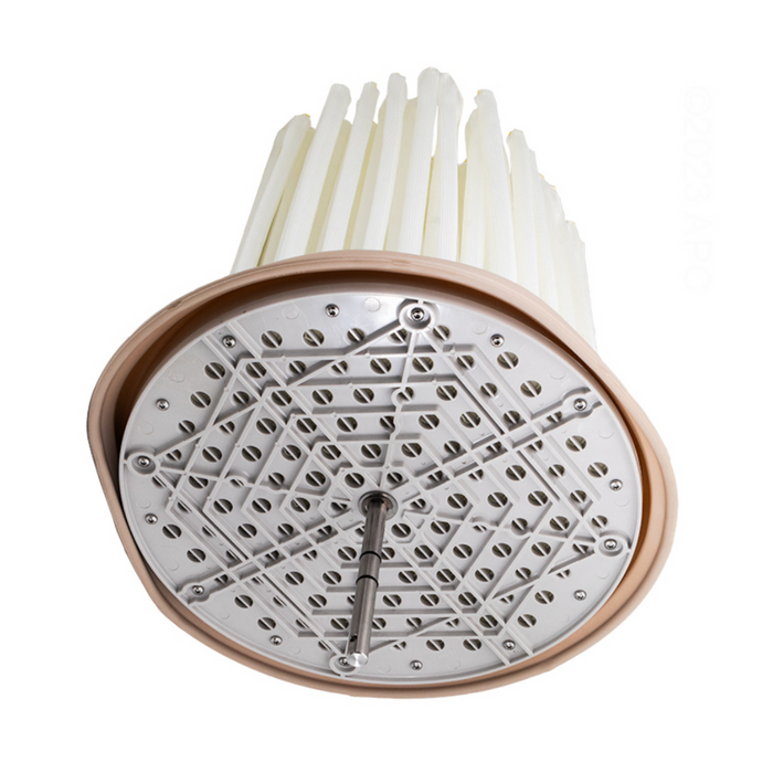 A close-up view of the Hayward EC65 Flex-Tube Nest ECX1251 highlights its cylindrical, multi-filter element with a beige rim and white Flex-Tube Nest filter tubes arranged in a circular pattern.