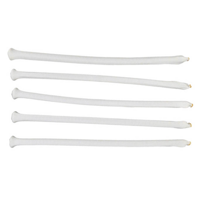 Five Hayward ECX1031PAK5 13-3/8" long Flex Tubes for D.E. Filters, which have a design reminiscent of white cylindrical water heater anode rods, are lined up horizontally on a white background.