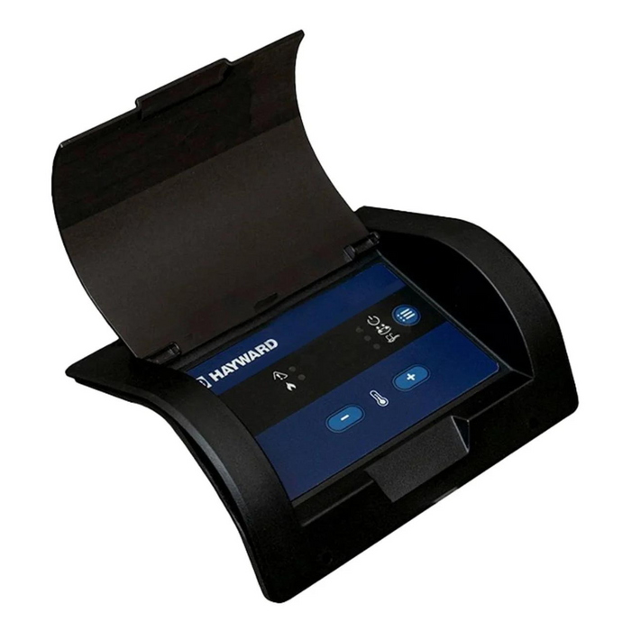 The Hayward FDXLBKP1932 Blue Bezel and Keypad Assembly with Door, compatible with the Universal H-Series, features an open door revealing temperature and setting buttons for easy adjustments.