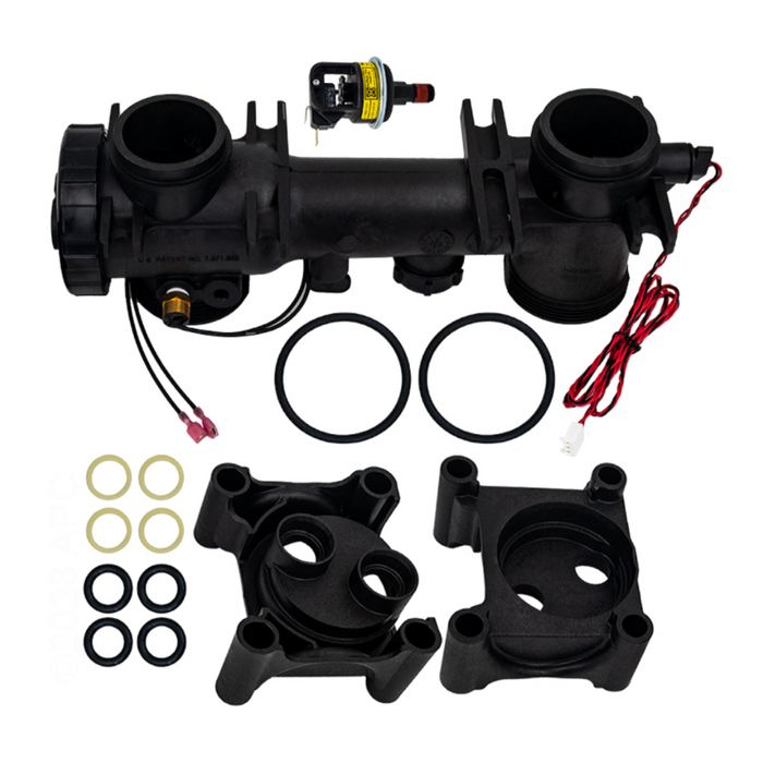 The Hayward FDXLFHA1930 H-Series Front Header Assembly includes black plastic parts, cables, O-rings, and connectors on a white background, ideal for upgrading Universal H-Series systems or pool heaters.