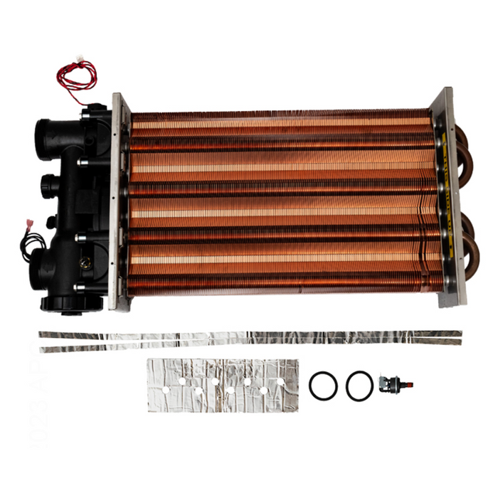 Hayward FDXLHXA1350 Heat Exchanger Assembly H350FD 350K BTU in copper and black, featuring attached red and white wires, rubber O-rings, a metal plate, and a small sensor.