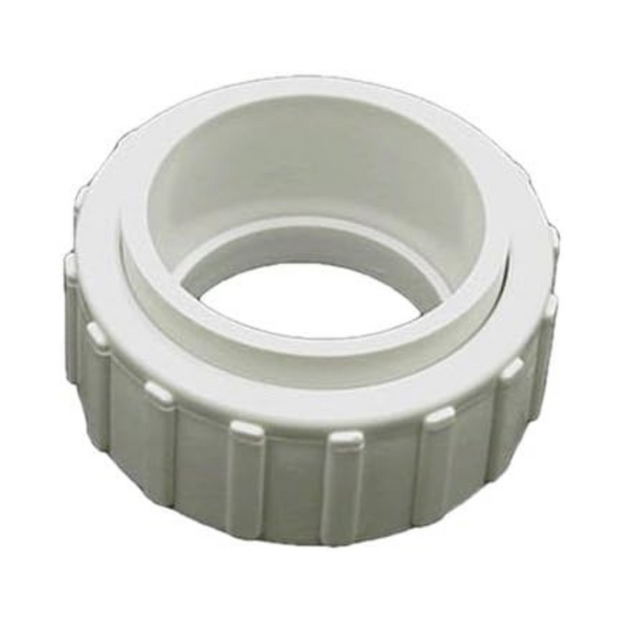 The Hayward GLX-CELL-UNION Pool Heater Union, featuring a 2" tailpiece, nut, and O-ring, has a white plastic threaded design with a ribbed outer surface for enhanced grip, making it ideal for handle assembly in ground replacement parts.