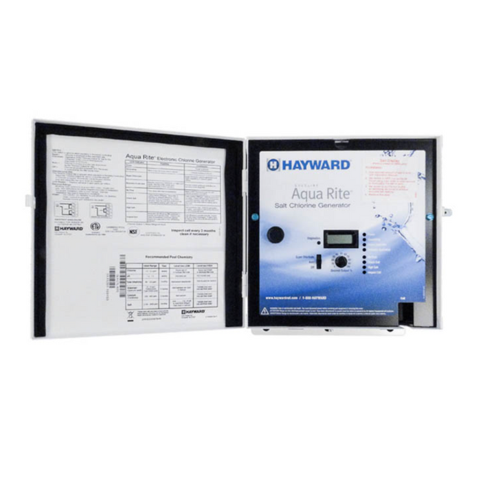 Close-up of a Hayward GLX-CTL-RITE Control Unit Aqua Rite with its manual on the inner left door, designed for in-ground pools.