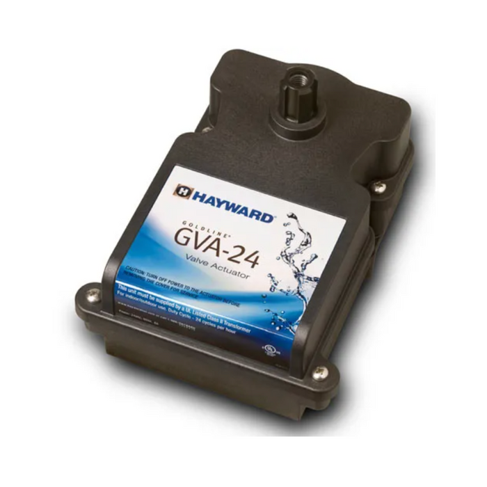 The Hayward GVA-24 Valve Actuator, designed for pool automation, features a black casing with blue and white labels.
