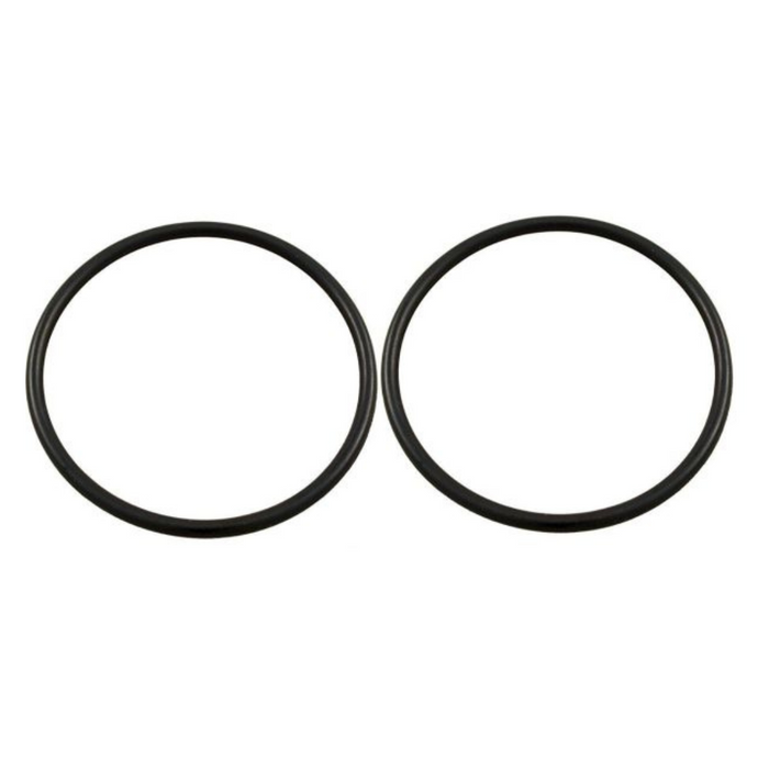 Two black rubber O-rings from the Hayward HAXFOR1930 ED1/ED2 Union O-Ring - 2 Pack are placed side by side on a white background, perfect for Induced Draft Heaters.
