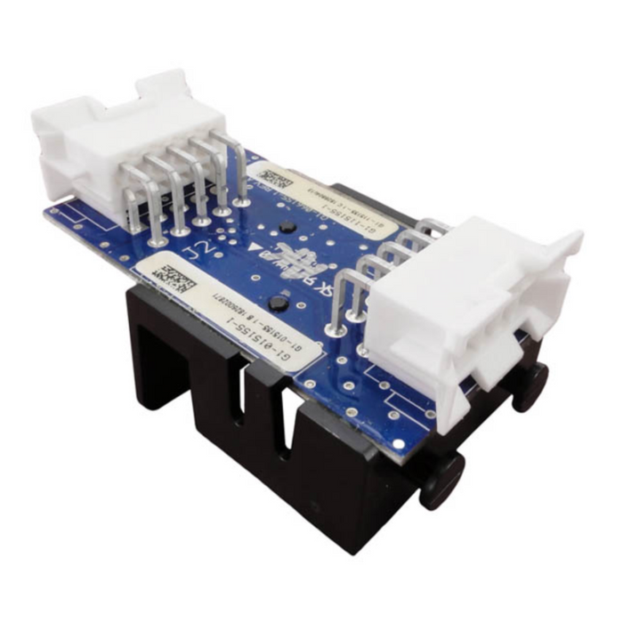 Close-up of a Hayward HLX-PCB-TCELL T-Cell PCB Board with connectors on a black stand, showcasing component leads and traces—ideal for integration in sophisticated systems like Hayward's OMNILOGIC TCELL for In Ground pool settings.