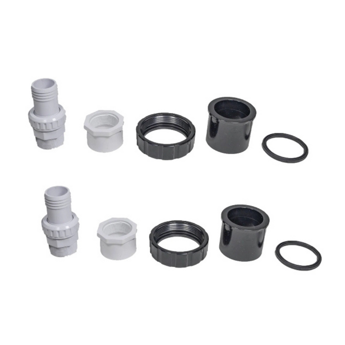 Two sets of plastic plumbing fittings and gaskets, including components from the Hayward IDXLUKT1135 H-Series Pool Heater Union Kit by Hayward, arranged in a row on a white background.