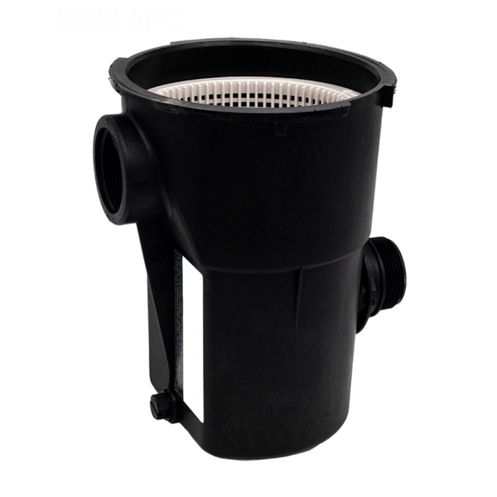 The Hayward SPX1500CAP PowerFlo Strainer Housing with Basket from Hayward is made of black plastic, features two side openings, and includes a white basket inside.