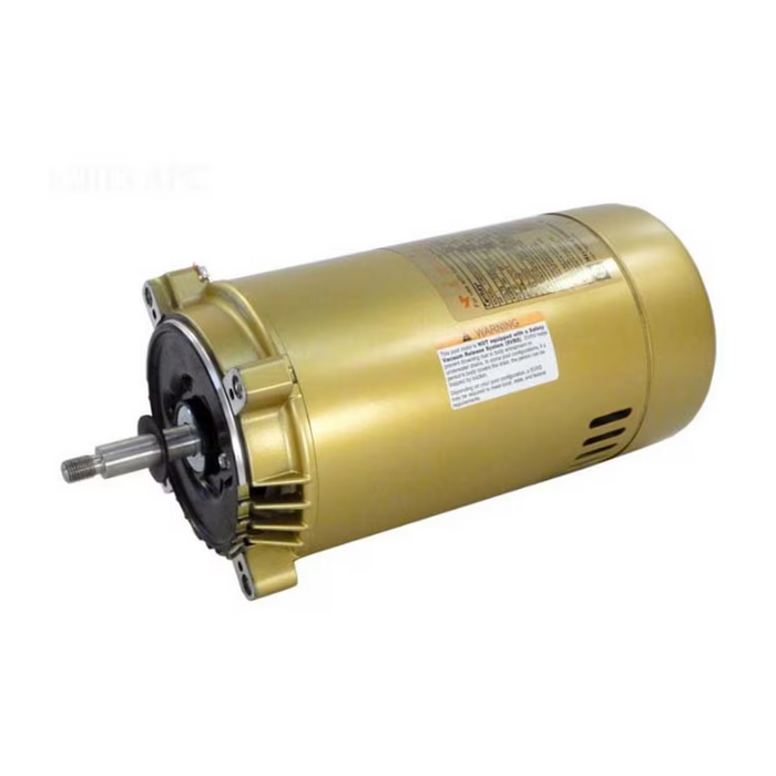 The Hayward SPX1607Z1M 1.0HP 115/230V Motor, featuring a metallic gold cylindrical design with visible warning labels, is ideal for pool pumps, including the Hayward Super Pump.