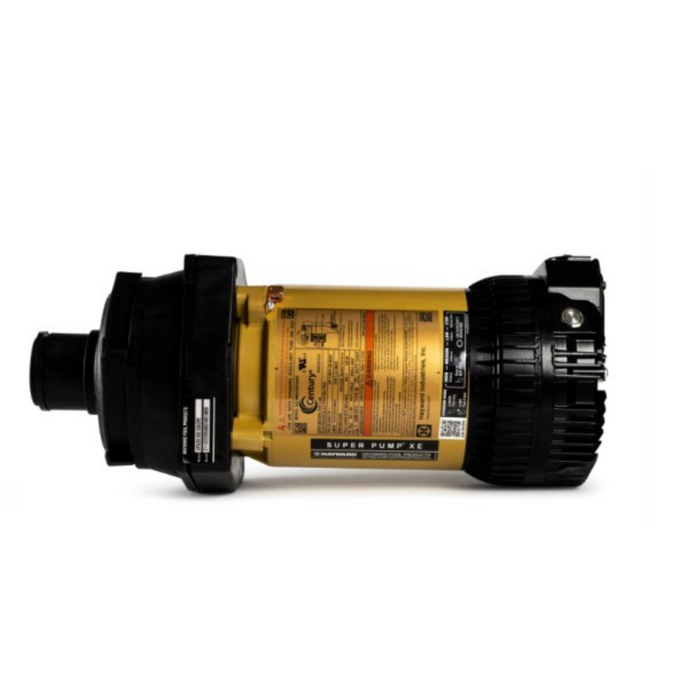 A yellow and black electric motor pump, resembling the Hayward SPX2610X15XEPE 1.65HP Power End Motor for Super Pump XE by Hayward, lies horizontally on a white background, showcasing energy efficiency ideal for pool maintenance.