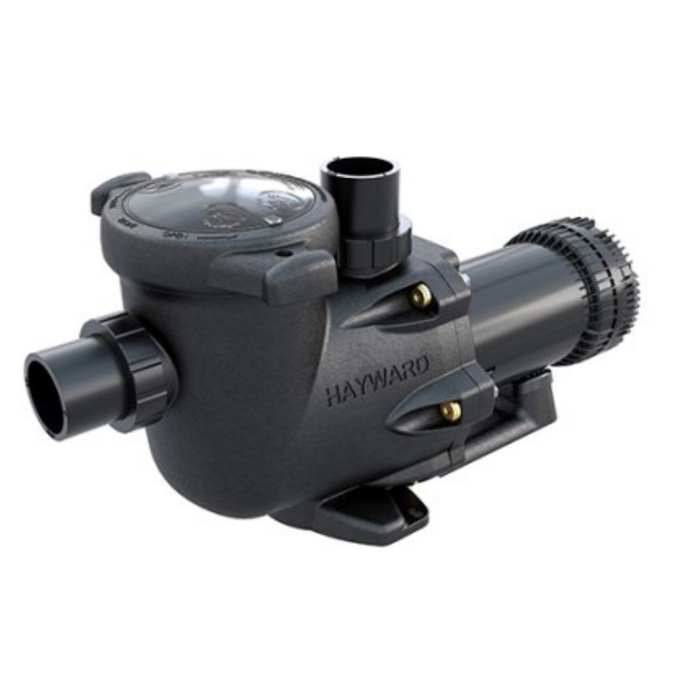 The Hayward W3SP3215X20XE TriStar XE Pump 2.25HP Multi-Speed pool pump, in black, boasts a cylindrical body and transparent lid, featuring side nozzles and a drainage outlet for optimal performance and energy savings.
