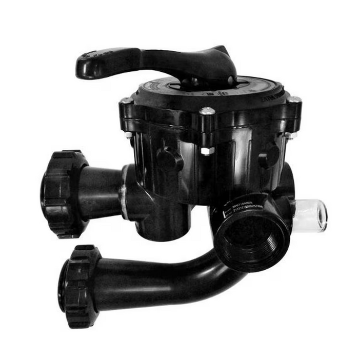 The Hayward Vari-Flo XL SP0710XR50 Multiport Valve, a durable black plastic valve equipped with a handle and several 1-1/2" ports for plumbing systems, ideal for DE filters like those used with the Hayward brand, all isolated on a white background.