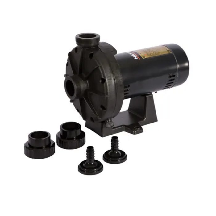 The Hayward W36060 3/4 HP Booster Pump for Pressure Side Cleaners, available in 115V/230V, features a cylindrical design with connector attachments, making it perfect for pressure cleaner applications.