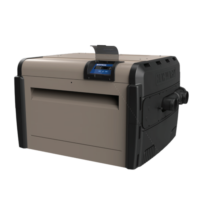 The Hayward W3H200FDN H-Series Natural Gas Heater 200K BTU Low NOx is a grey and black high-tech electronic device featuring a screen on top, two knobs on the side, and a rectangular slot in the front. It is ideal for use as an energy-efficient pool heat exchanger.