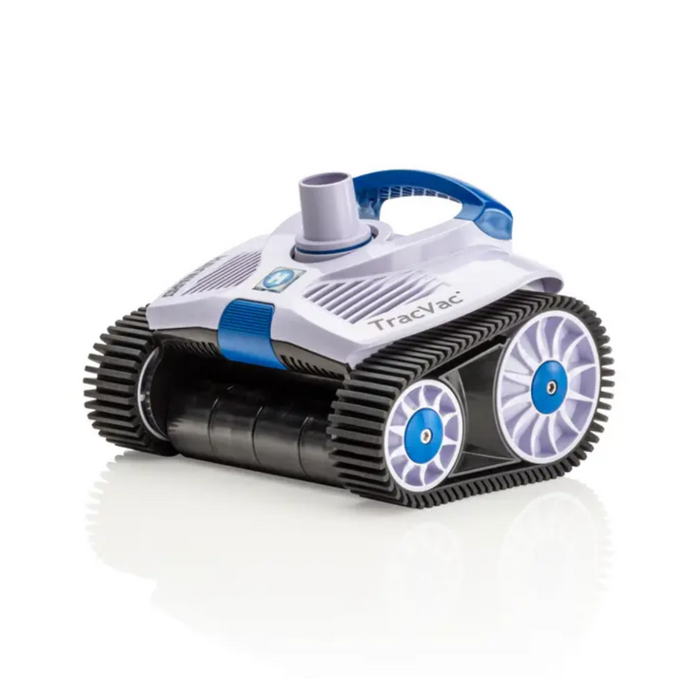 The Hayward W3HSCTRACCU TracVac™ Inground Suction Cleaner, featuring a white and purple design with tank-like treads and a handle on top, is shown against a white background. This advanced product from Hayward ensures efficient pool surface navigation.
