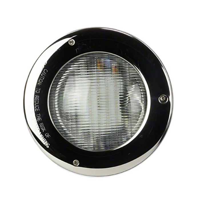 Close-up of the Hayward W3SP0527SLED100 ColorLogic 4.0 LED Pool Light with its round, recessed design, featuring a ribbed glass cover and a sleek black and silver metallic casing, and equipped with patented Chromacore technology for enhanced illumination. This model includes a 100 ft cord and stainless trim.
