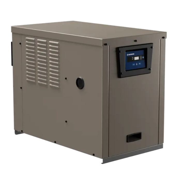 Industrial generator in tan featuring a digital display panel on its front, reminiscent of the design of the Hayward 135K BTU H-Series Propane Above Ground Heater W3H135FDP.