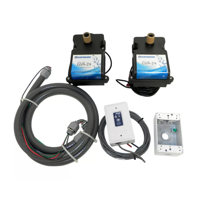 Displayed on a white surface are components from the Hayward HL485SPAKIT Omni Spa Kit with Relay, including two valve actuators with plastic enclosures, a control switch, and bundled wiring tubes. These are compatible with the Hayward OmniHub for smarter control of your spa kit.