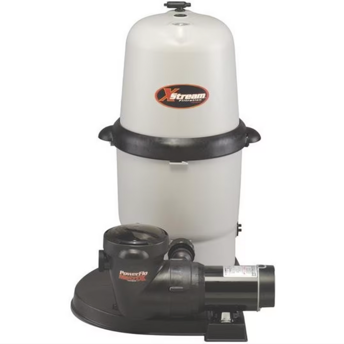 The Hayward W3CC15093S X-Stream 150 Sq. Ft. Cartridge Filter with a 1.5HP Above Ground Pump features a white and black design, bears the "Xstream" label on the upper container, and is specifically designed for above ground pools.