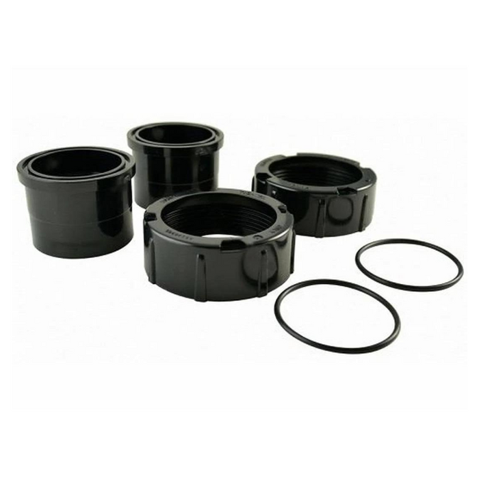 Four pieces from the Jandy R0449000 2" x 2 1/2" Tail Piece set, including coupling nuts and rubber O-rings, arranged on a white background.