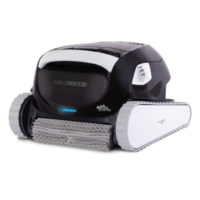 A black and white robotic pool cleaner labeled "Maytronics Dolphin Explorer E30 with WiFi" (model 99996241-XPI) features tracks and brushes on a white background and advanced Dolphin technology for efficient pool cleaning.